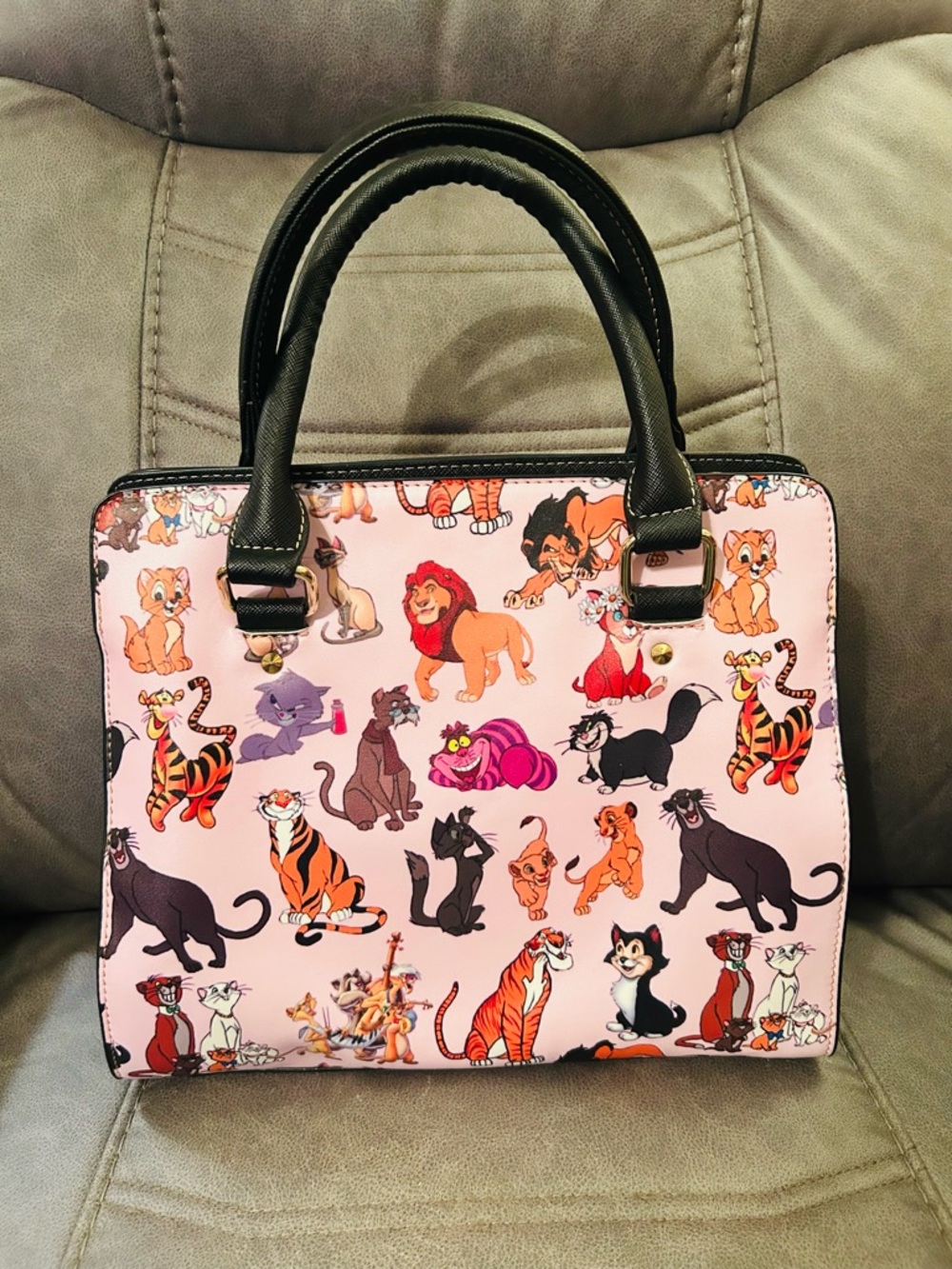 Pink Cartoon Cats Print Satchel Handbag